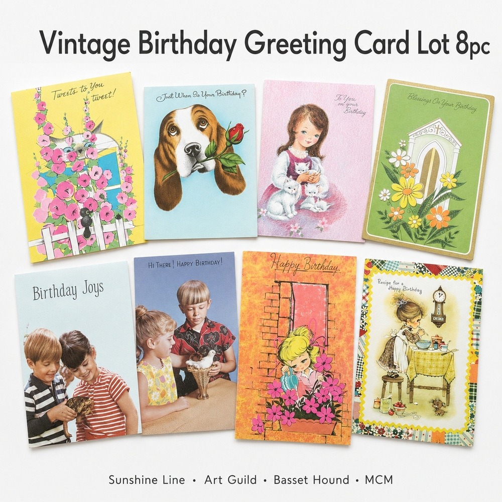Vintage Birthday Greeting Card Lot 8pc Sunshine Line Art Guild Basset Hound MCM